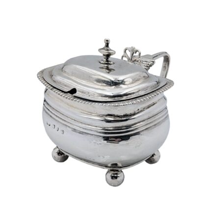 Mustard with spoon, blue glass, 4 ball legs - Birmingham 1892