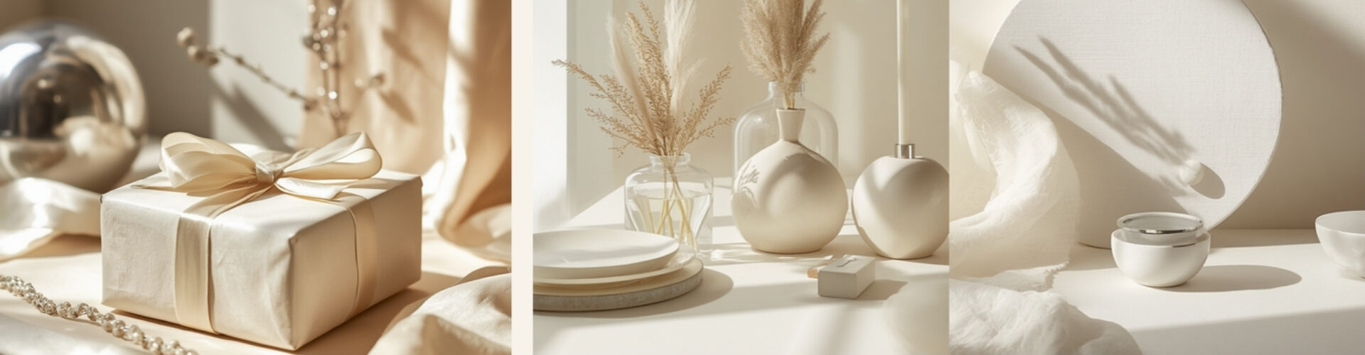 Elegantly wrapped Christmas gift in soft ivory and cream tones, styled still life