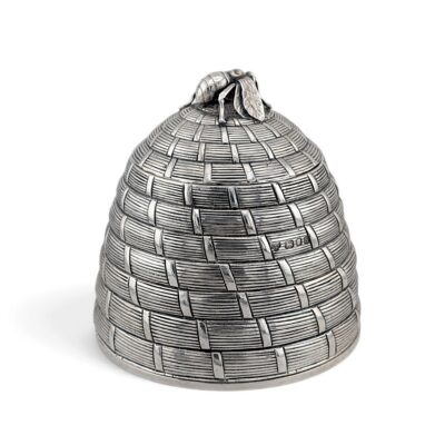 Silver beehive honey pot with a bee finial