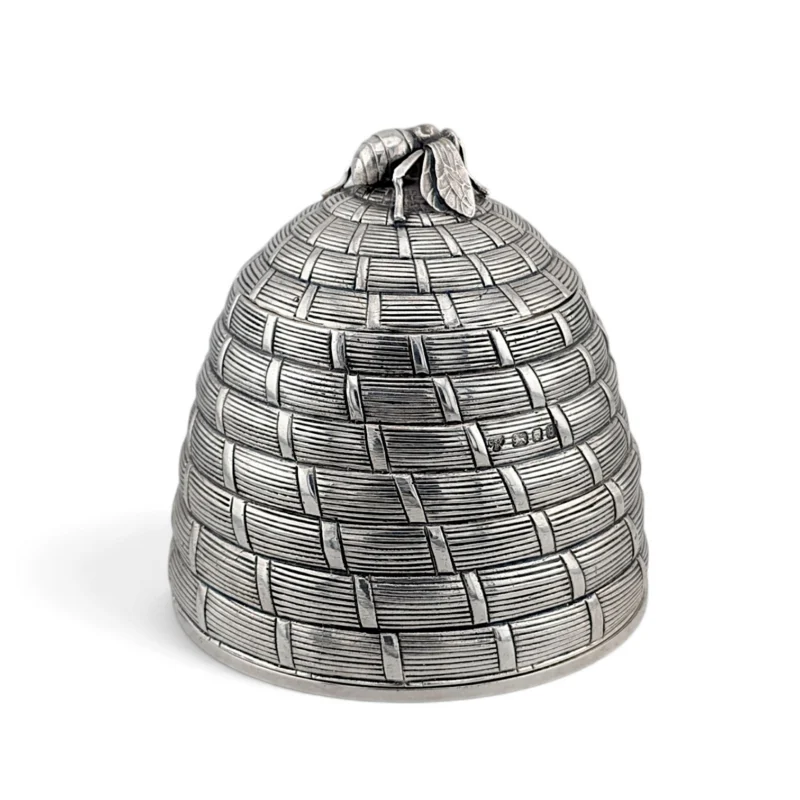 Silver beehive honey pot with a bee finial