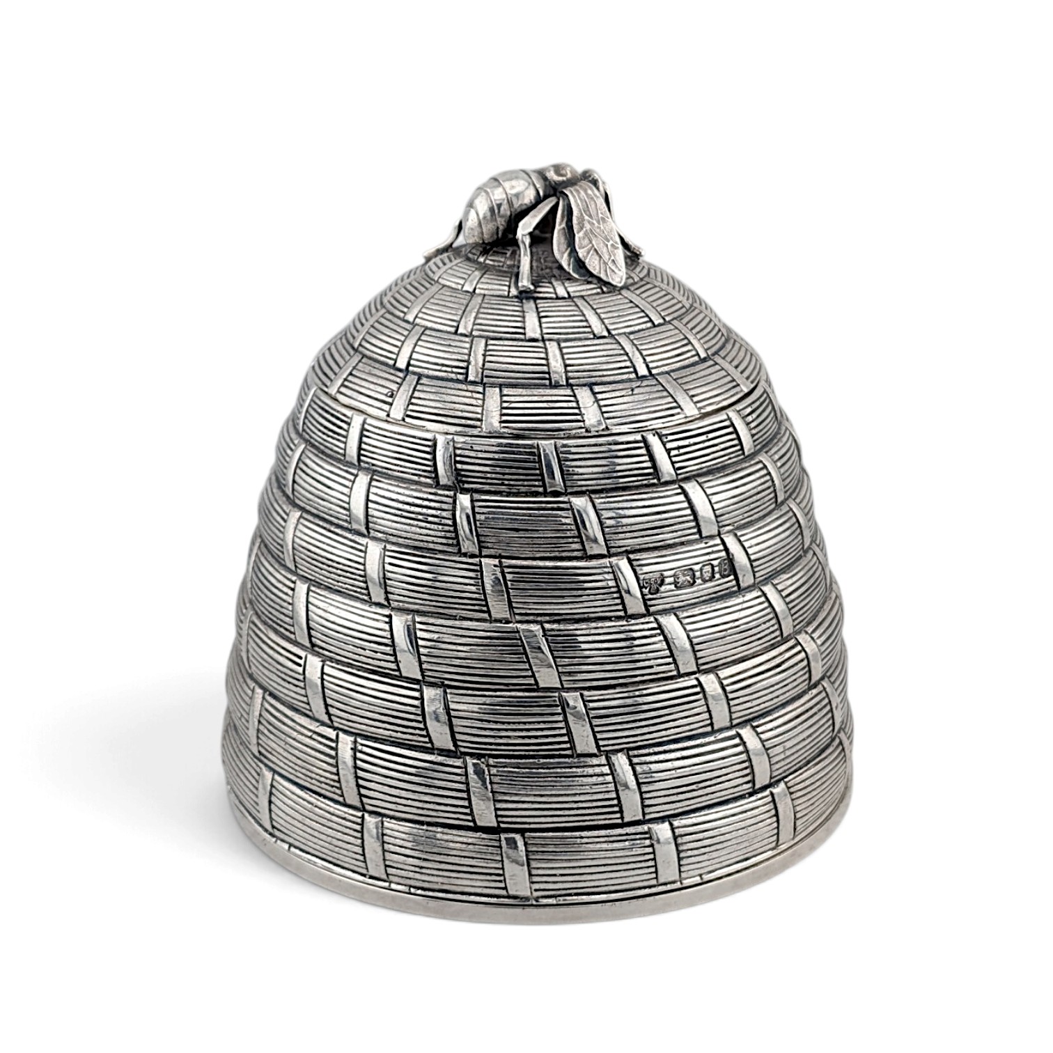 Silver beehive honey pot with a bee finial