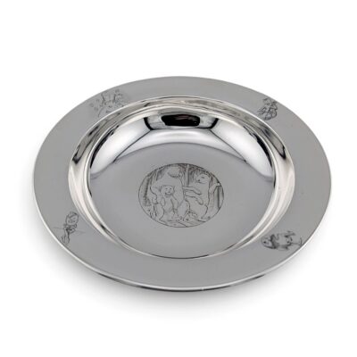 Silver christening bowl with a broad rim and an engraved bear scene in the centre