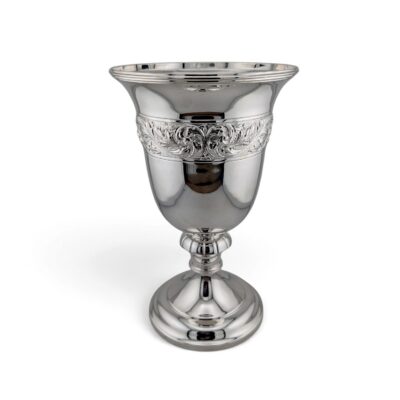 Large silver goblet with a chased band of scrolling foliage on a knopped stem