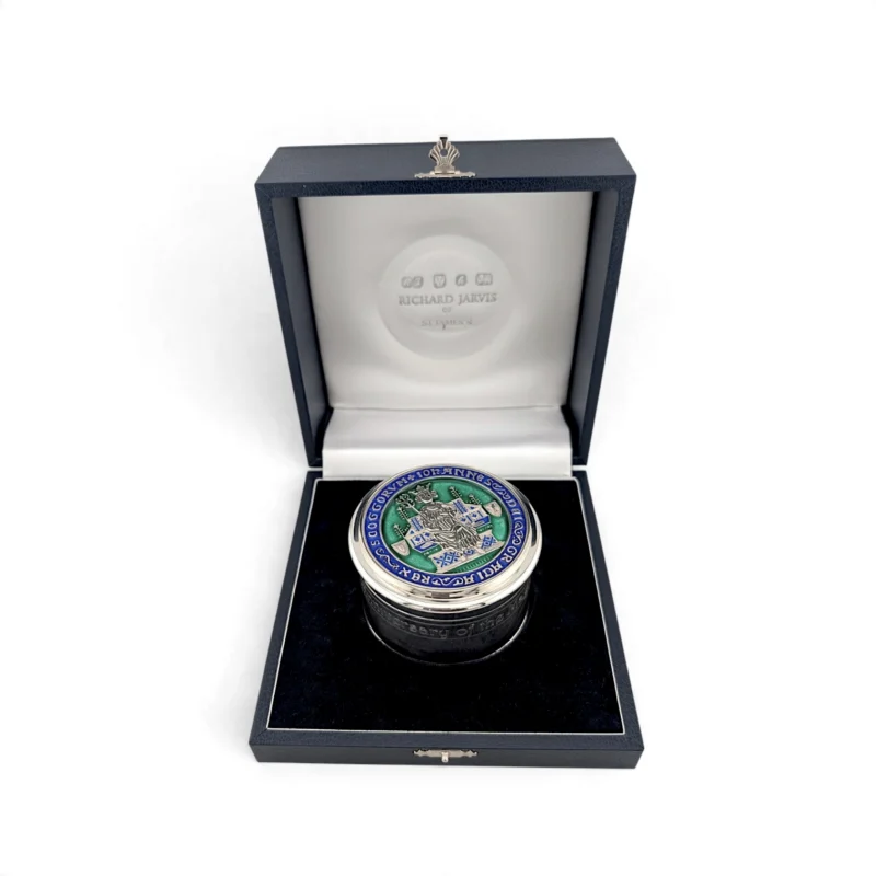 Silver box with an enamelled Magna Carta lid in its presentation case