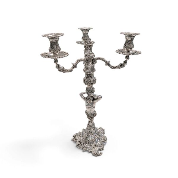One of the pair of silver three-light candelabra, shown on its own