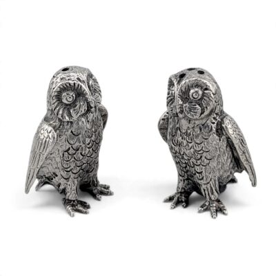 Pair of silver owl salt and pepper pots