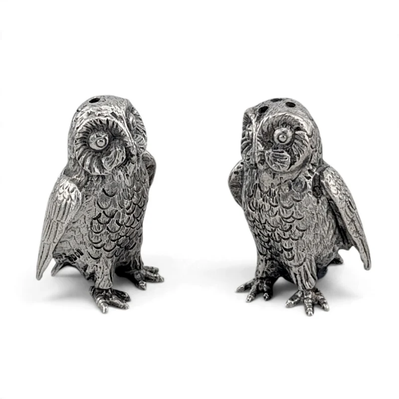 Pair of silver owl salt and pepper pots