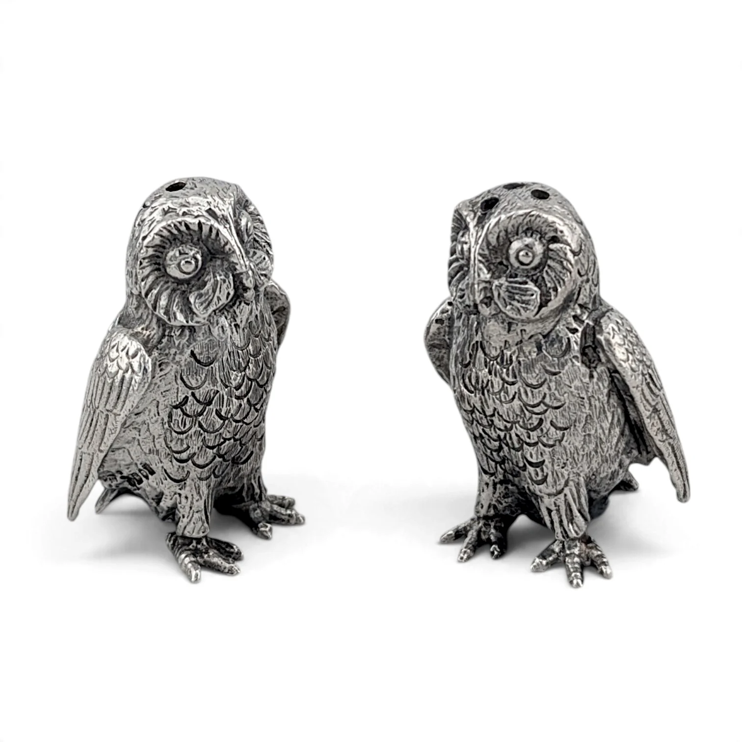 Pair of silver owl salt and pepper pots