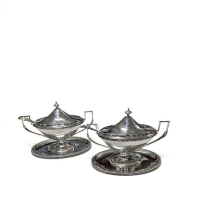 Pair of Georgian silver sauce tureens with covers on matching stands
